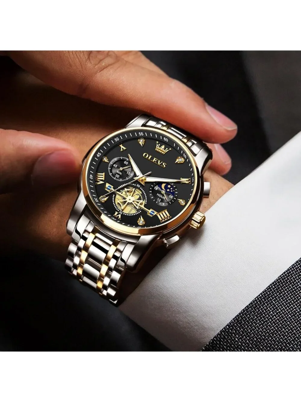 Men's Black/ Two Tone Stainless Steel Chronograph Waterproof Quartz Dress Watch